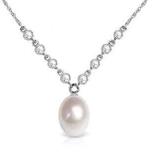 14K. SOLID GOLD NECKLACE WITH DIAMONDS & PEARL (White Gold)